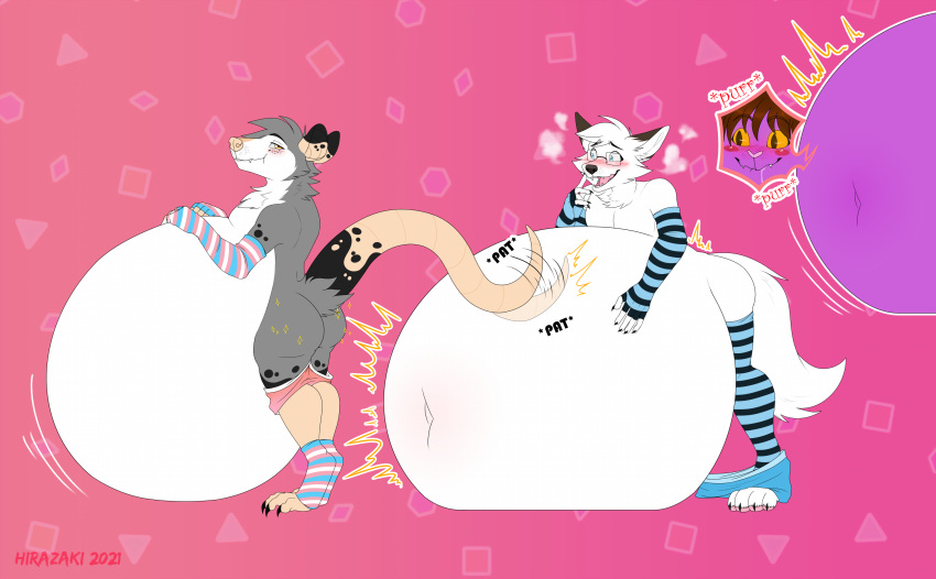 2021 anthro arctic_fox arm_warmers armwear belly_inflation belly_pat blush butt canid canine clothed clothing didelphid domestic_cat duo excited eyewear felid feline felis fox glasses hi_res inflation leg_warmers legwear male male/male mammal marsupial off_camera partially_clothed ritz_(ryukawa) ryukawa smug underwear underwear_down