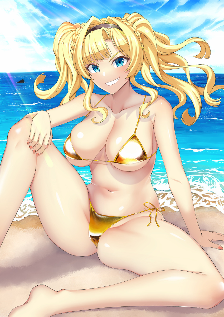 1girl absurdres ass bangs bare_shoulders barefoot bikini blonde_hair blue_eyes blue_sky breasts cameltoe cleavage cloud day granblue_fantasy grin highres looking_at_viewer navel ocean outdoors sitting sky smile solo spread_legs swimsuit twintails yellow_bikini zasshu_nigou zeta_(granblue_fantasy)