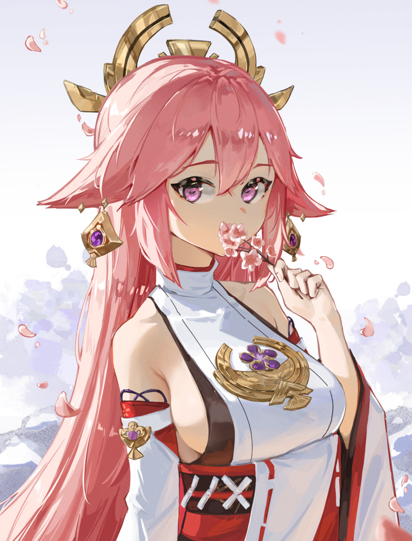 1girl animal_ears armpit_crease bangs bare_shoulders branch breasts cherry_blossoms commentary covered_mouth detached_sleeves earrings falling_petals floppy_ears flower fox_ears genshin_impact hair_between_eyes hair_ornament hand_up highres holding holding_branch holding_flower japanese_clothes jewelry long_hair long_sleeves lycsakd medium_breasts nontraditional_miko petals pink_hair purple_eyes sash shirt sideboob sidelocks sleeveless sleeveless_shirt solo upper_body wide_sleeves yae_miko