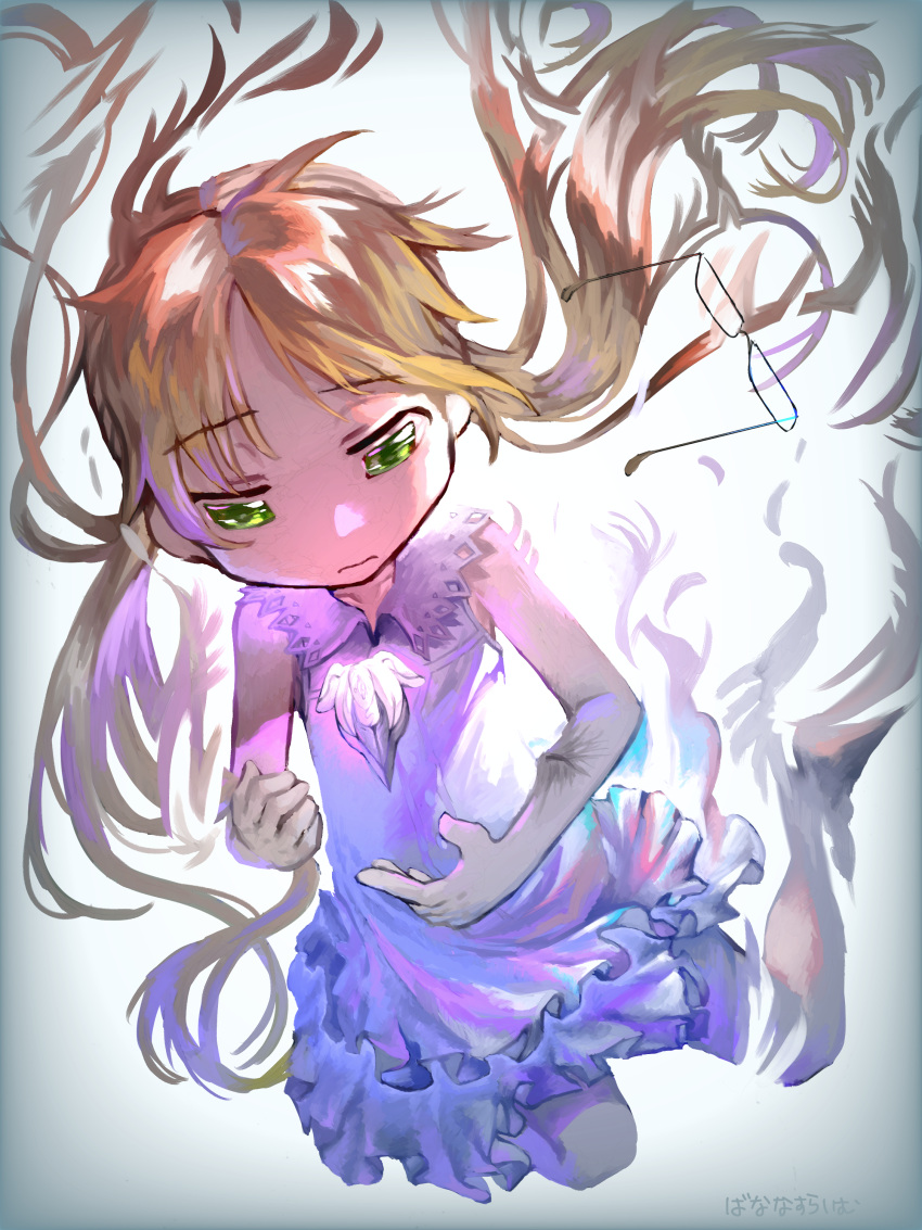 1girl absurdres artist_name banasura barefoot blonde_hair child closed_mouth collared_dress commentary_request dissolving dress eyewear_removed falling female_child frilled_dress frills full_body glasses green_eyes grey_background highres layered_dress long_hair made_in_abyss multiple_sources riko_(made_in_abyss) scar scar_on_arm sleeveless sleeveless_dress solo twintails very_long_hair white_dress