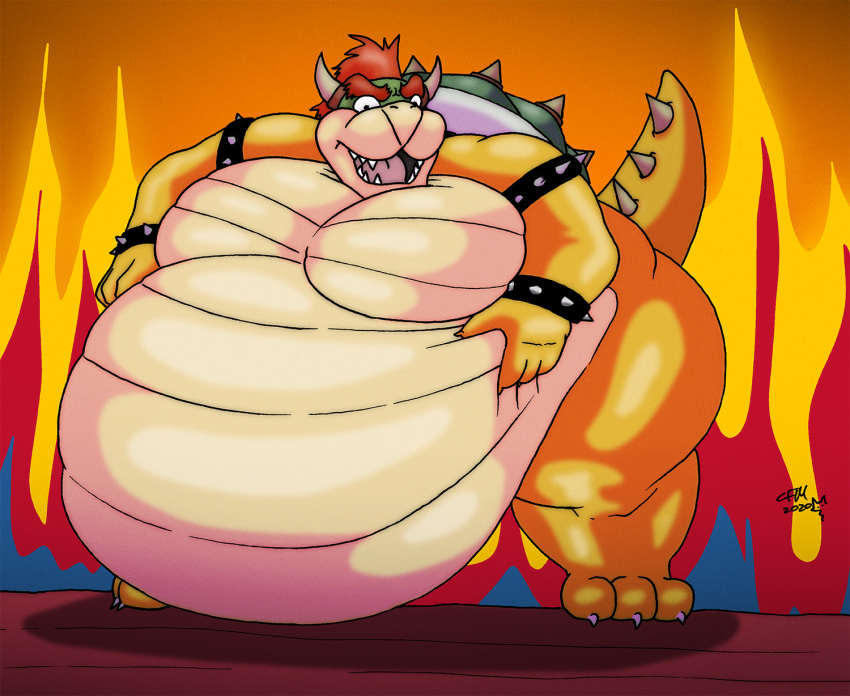 2020 2_horns 3_toes 4_fingers anthro armband belly big_belly big_butt bowser bracelet butt cleverfoxman collar feet fingers fire fire_background hair hands_on_belly hi_res horn hyper hyper_belly jewelry koopa male mario_bros moobs nintendo open_mouth pink_tongue red_hair scalie shadow sharp_teeth solo spiked_armband spiked_bracelet spiked_collar spiked_tail spikes spikes_(anatomy) standing teeth thick_thighs toes tongue video_games