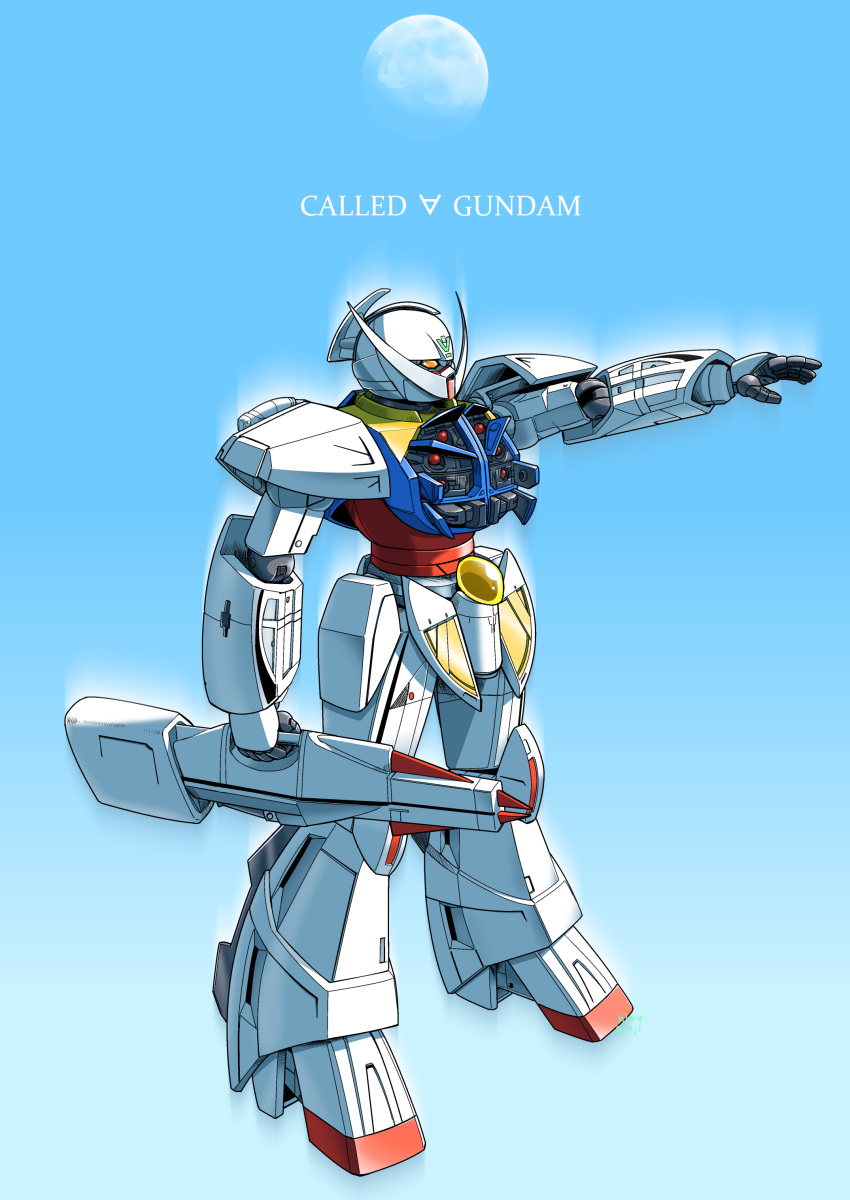 absurdres beam_rifle blue_background character_name commentary energy_gun english_text facial_hair full_body gun gundam highres holding holding_gun holding_weapon mecha mobile_suit moon moukin_punch mustache no_humans orange_eyes robot solo standing turn_a_gundam turn_a_gundam_(mobile_suit) v-fin weapon
