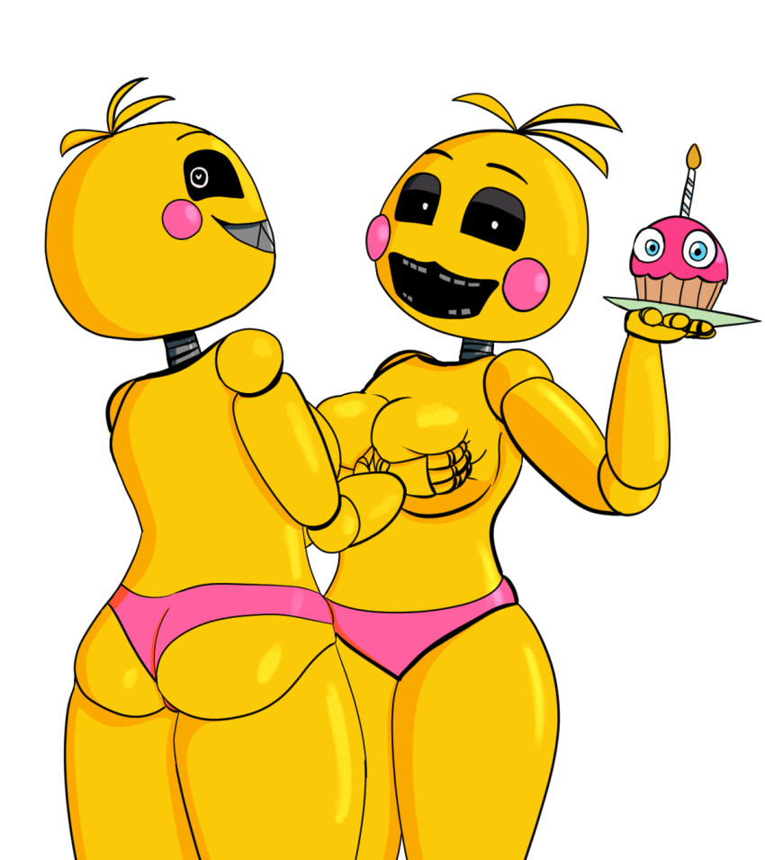 &lt;3 &lt;3_eyes 2022 animatronic anthro avian bird breast_grab breasts butt chica_(fnaf) chicken clothing cupcake duo female female/female five_nights_at_freddy's food galliform gallus_(genus) hand_on_breast hi_res impstripe looking_at_viewer looking_back looking_back_at_viewer machine open_mouth open_smile panties phasianid robot scottgames simple_background smile teeth underwear video_games white_background yellow_body
