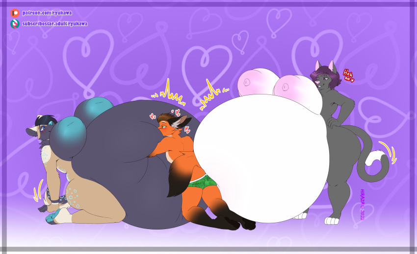 2022 african_wild_dog anthro belly_inflation belly_smother breast_expansion breasts canid canine claire_(xausr32) clothed clothing domestic_cat dominant dominant_female expansion felid feline felis female fox group hi_res inflation male male/female mammal partially_clothed red_fox ryukawa tail_nub tiffany_(xausr32) trio underwear underwear_down