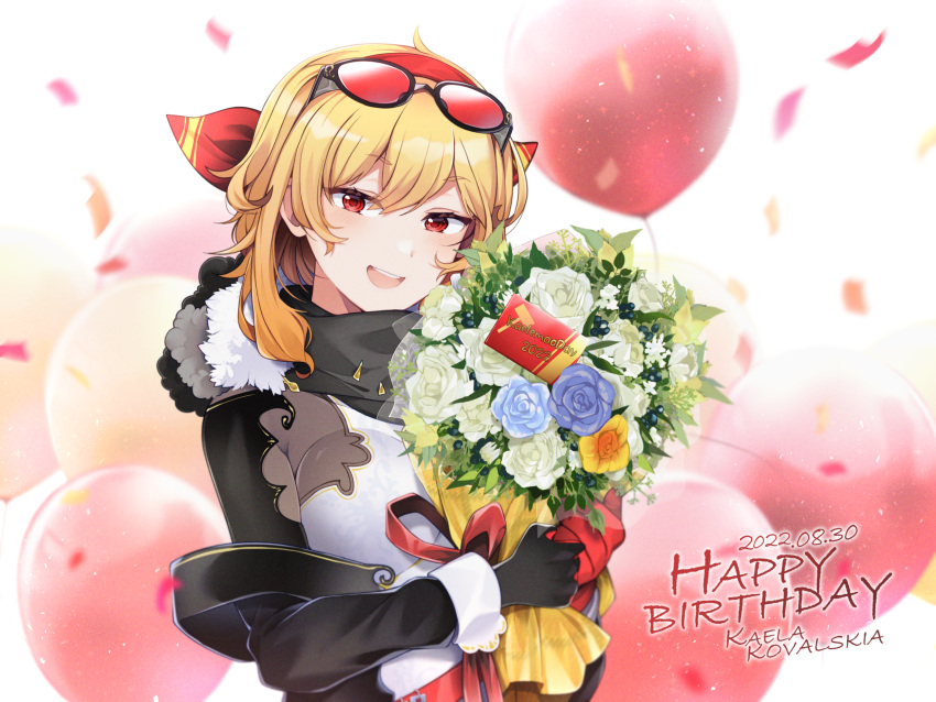 1girl 2022 balloon bangs black_bodysuit black_gloves blonde_hair blue_flower bodysuit bouquet breasts character_name commentary confetti dated english_commentary eyewear_on_head flower gloves hairband happy_birthday highres holding holding_bouquet hololive hololive_indonesia kaela_kovalskia large_breasts looking_at_viewer mallet medium_hair mitsumine_(ookami_no_oyashiro) neck_warmer open_mouth red-tinted_eyewear red_eyes red_hairband smile solo tinted_eyewear two-tone_bodysuit upper_body virtual_youtuber white_bodysuit white_flower yellow_flower