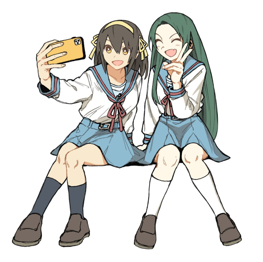 2girls :d bangs belt black_socks blue_sailor_collar blue_skirt bright_pupils brown_eyes brown_footwear brown_hair cellphone chorohanage closed_eyes commentary_request fang forehead full_body green_hair hair_between_eyes hair_ribbon hairband hand_up highres holding holding_phone invisible_chair kita_high_school_uniform kneehighs knees_together_feet_apart loafers long_hair long_sleeves looking_at_phone multiple_girls phone red_ribbon ribbon sailor_collar school_uniform selfie serafuku shirt shirt_tucked_in shoes short_hair sitting skin_fang skirt smartphone smile socks suzumiya_haruhi suzumiya_haruhi_no_yuuutsu tsuruya v very_long_hair white_pupils white_shirt white_socks yellow_hairband yellow_ribbon