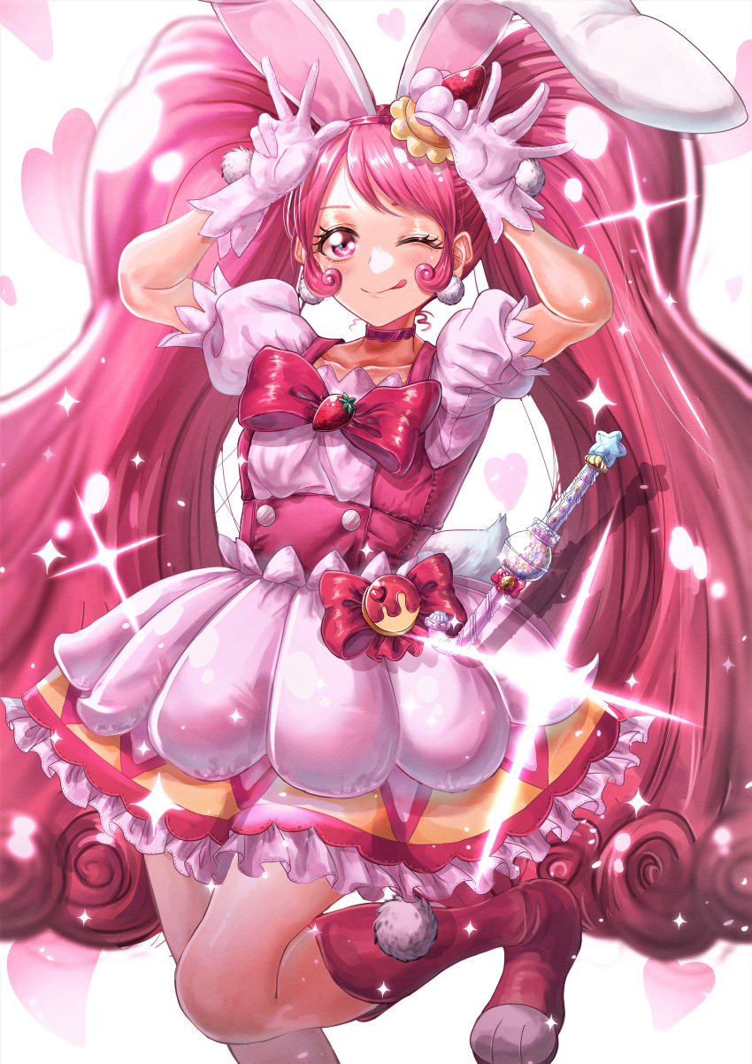 1girl ;d absurdres animal_ears cake_hair_ornament choker cowboy_shot cure_whip dress earrings extra_ears food-themed_hair_ornament hair_ornament highres jewelry kirakira_precure_a_la_mode long_hair looking_at_viewer magical_girl one_eye_closed pink_choker pink_dress pom_pom_(clothes) pom_pom_earrings pouch precure puffy_short_sleeves puffy_sleeves rabbit_ears sakana_sakanama short_sleeves smile standing standing_on_one_leg usami_ichika very_long_hair wand white_background