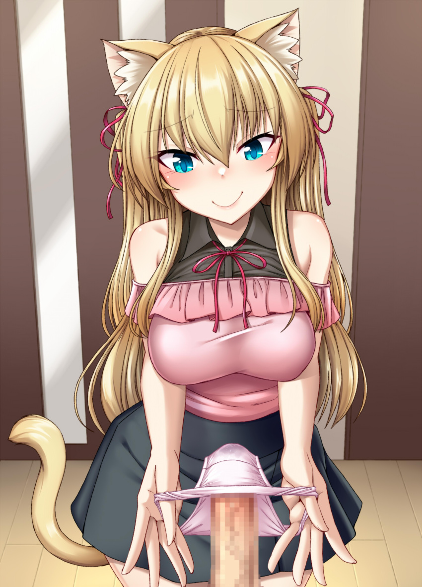 1boy 1girl animal_ears bangs bare_shoulders blonde_hair blue_eyes blush breasts cat's_cradle cat_ears cat_girl cat_tail censored frills highres long_hair mosaic_censoring nokoppa original panties penis pink_panties pov presenting_panties pussy_juice_stain skirt smile tail underwear