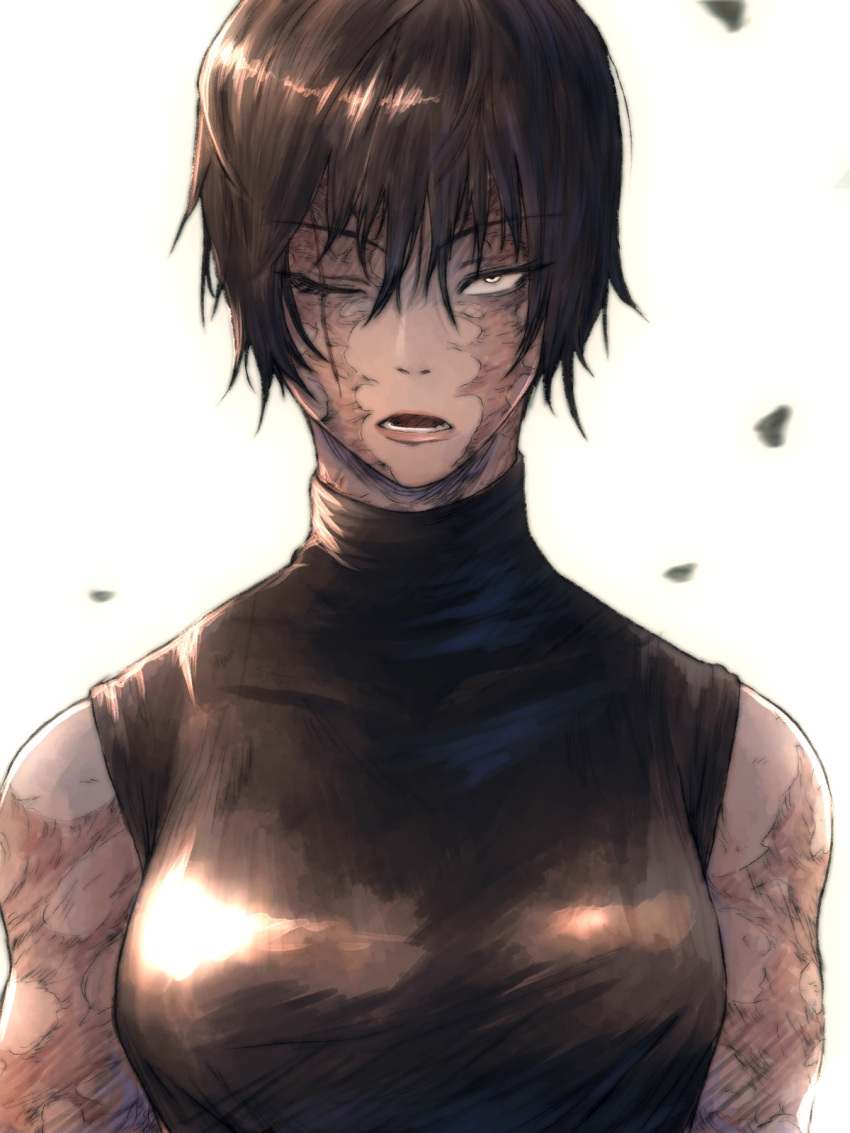 1girl bare_shoulders black_hair blurry blurry_background eyelashes gusty10rk hair_between_eyes highres jujutsu_kaisen leaf long_eyelashes looking_at_viewer lower_teeth open_mouth pink_lips scar scar_on_arm scar_on_face scar_on_neck short_hair solo teeth turtleneck upper_body wind yellow_eyes zen'in_maki