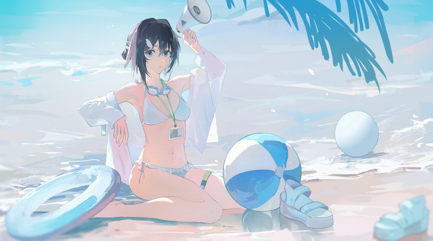 1girl absurdres arknights ball bare_shoulders beach beachball bikini black_hair blurry breasts depth_of_field goggles goggles_around_neck highres id_card la_pluma_(arknights) la_pluma_(summer_flowers)_(arknights) long_sleeves looking_at_viewer medium_breasts multicolored_hair navel off_shoulder official_alternate_costume open_clothes outdoors sand see-through shirt short_hair side-tie_bikini_bottom sitting solo stomach swimsuit thigh_strap thighs volleyball wariza water wet white_bikini white_shirt zzz_zhi_he
