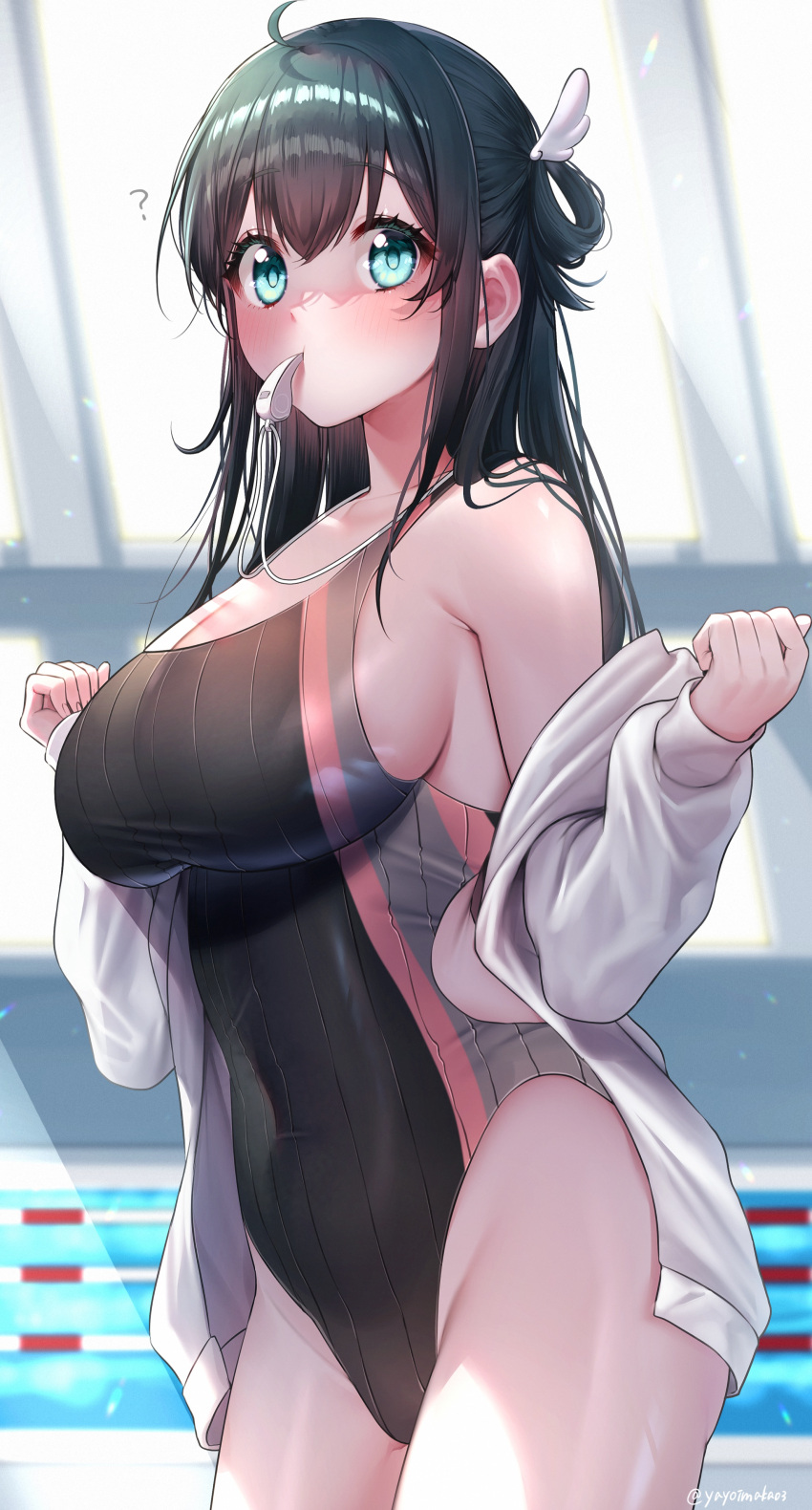 1girl absurdres black_hair black_one-piece_swimsuit blue_eyes breasts cleavage collarbone commission competition_swimsuit covered_navel cowboy_shot hair_rings half_updo highres jacket lane_line large_breasts long_hair mouth_hold one-piece_swimsuit original pool skeb_commission solo swimsuit whistle white_jacket yayoi_maka