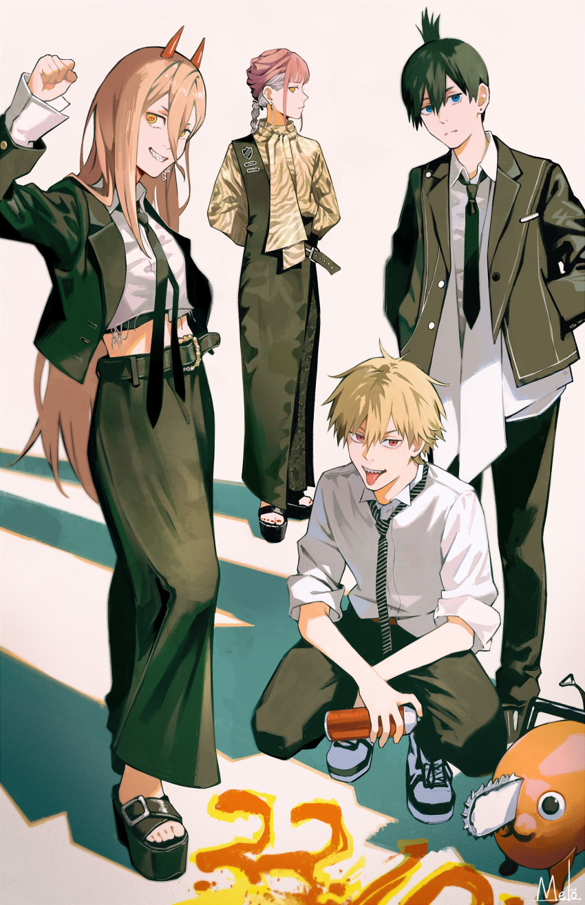 2boys 2girls absurdres arms_behind_back black_hair black_necktie black_pants blonde_hair blue_eyes braid braided_ponytail chainsaw_man collared_shirt demon_horns denji_(chainsaw_man) dog earrings feet full_body hands_in_pockets hayakawa_aki highres horns jewelry kyuuba_melo makima_(chainsaw_man) midriff multiple_boys multiple_girls necktie open_clothes orange_hair pants power_(chainsaw_man) red_eyes red_hair sharp_teeth shirt shoes smile sneakers spray_can squatting standing teeth toeless_footwear tongue tongue_out yellow_eyes