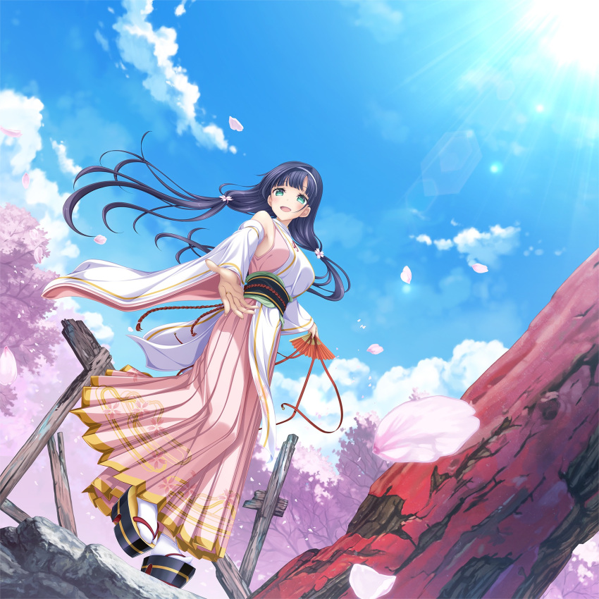 1girl bangs black_hair cherry_blossoms day detached_sleeves dutch_angle floating_hair folding_fan full_body green_eyes hairband hand_fan haruhime_(kunado_kokuki) highres holding holding_fan japanese_clothes koku kunado_kokuki light_rays long_hair non-web_source official_art open_mouth outdoors outstretched_arm petals photoshop_(medium) platform_footwear sandals solo standing tabi twintails very_long_hair wide_sleeves