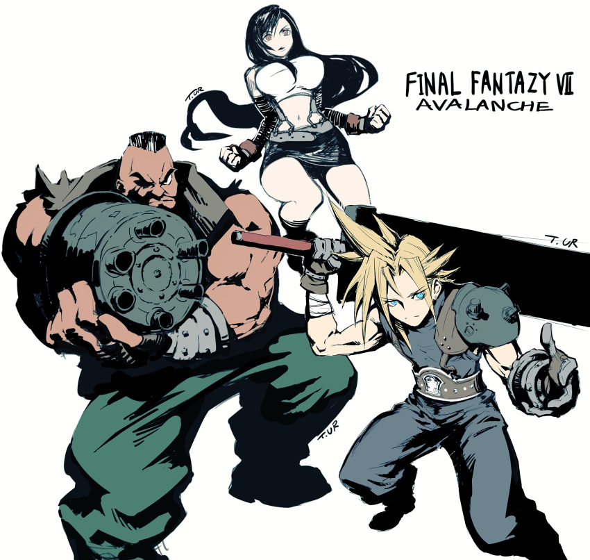 1girl 2boys aqua_eyes armor artist_name baggy_pants bandaged_arm bandages bare_shoulders barret_wallace beard belt black_hair black_skirt blonde_hair blue_pants blue_shirt breasts brown_eyes buster_sword cloud_strife crop_top dark-skinned_male dark_skin elbow_gloves facial_hair fighting_stance final_fantasy final_fantasy_vii fingerless_gloves foot_out_of_frame gloves green_pants grey_vest hair_between_eyes highres holding holding_sword holding_weapon horsea_(ekaki01) large_breasts long_hair looking_at_viewer low-tied_long_hair multiple_boys muscular muscular_male over_shoulder pants parted_lips pencil_skirt prosthetic_weapon red_gloves scar scar_on_cheek scar_on_face shirt short_hair shoulder_armor skirt sleeveless sleeveless_shirt sleeveless_turtleneck spiked_hair suspenders sword tifa_lockhart torn_clothes torn_sleeves turtleneck very_short_hair vest weapon weapon_over_shoulder white_background white_shirt