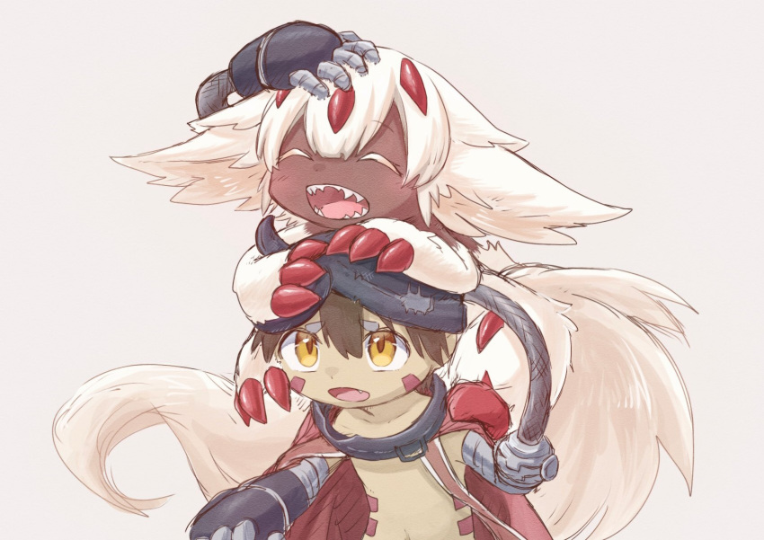 1boy 1girl ^_^ animal_ears brown_eyes brown_hair cape claws closed_eyes commentary_request dark-skinned_female dark-skinned_male dark_skin extra_arms facial_mark fake_horns fang faputa fewer_digits grey_background happy headpat helmet highres horned_helmet horns made_in_abyss mechanical_arms on_person open_mouth red_cape regu_(made_in_abyss) sharp_teeth short_hair simple_background sketch slit_pupils smile sukasshu_(mroooo) tail teeth topless_male upper_body white_background white_fur white_hair