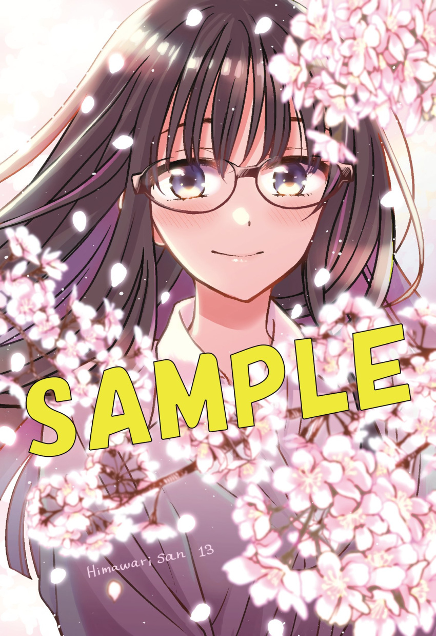 1girl bangs black-framed_eyewear black_hair blush cherry_blossoms closed_mouth collared_shirt commentary_request copyright_name falling_petals flower glasses grey_shirt happy highres himawari-san himawari-san_(character) long_hair looking_at_viewer petals pink_flower purple_eyes sample_watermark shirt simple_background smile solo sugano_manami upper_body white_background