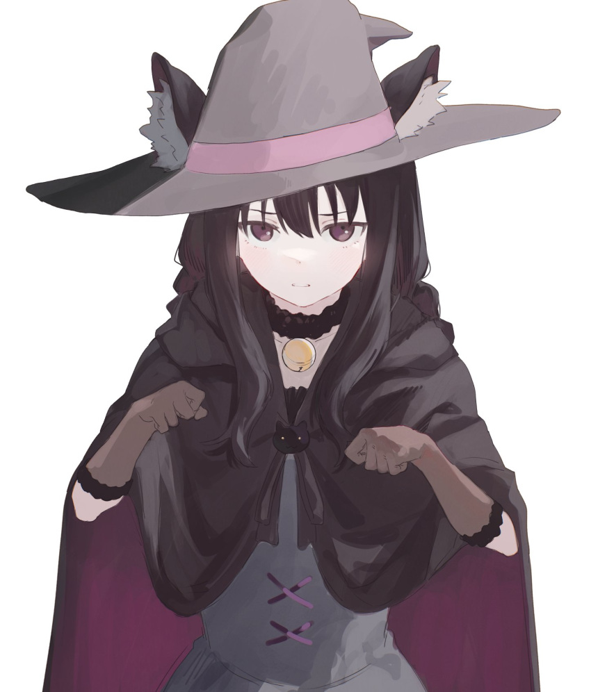 1girl animal_ear_fluff animal_ears bell black_choker black_cloak black_hair black_headwear brown_gloves character_request choker cloak collarbone copyright_request ears_through_headwear gloves grey_background hair_between_eyes hat highres hood hood_down hooded_cloak kurobeko_(kur0bek0) long_hair looking_at_viewer multicolored_cloak multicolored_clothes neck_bell parted_lips paw_pose purple_cloak purple_eyes simple_background solo two-tone_cloak witch_hat