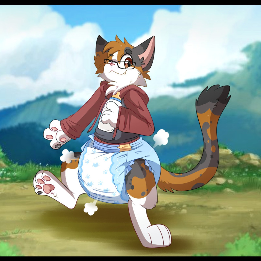 anthro baby_bottle big_diaper bottle calico_cat chris_(onewithlogic) clothing diaper diaper_puff domestic_cat eyewear felid feline felis field glasses hi_res hoodie infantilism jupiters looking_at_viewer male mammal mottled one_eye_closed pawpads piebald solo topwear