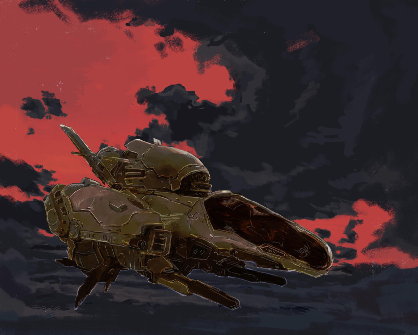 absurdres cloud commentary_request dusk energy_cannon flying highres machinery no_humans r-9a_ii_delta r-type r-type_final realistic science_fiction spacecraft starfighter suganosy thrusters