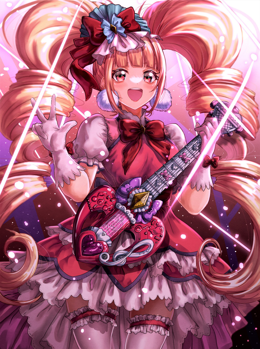 1girl absurdres aisaki_emiru cowboy_shot cure_macherie dress earrings electric_guitar gradient gradient_background guitar hair_ornament highres hugtto!_precure instrument jewelry lipstick long_hair looking_at_viewer makeup open_mouth pink_background pink_dress precure puffy_sleeves red_eyes sakana_sakanama smile solo sparkle thighhighs white_thighhighs