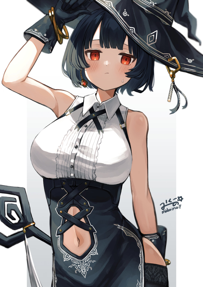 1girl absurdres arm_up bangle bangs black_gloves black_hair black_headwear black_skirt black_thighhighs blush bracelet breasts closed_mouth clothing_cutout commission earrings gloves green_happy000 hat hat_ornament highres jewelry large_breasts looking_at_viewer navel navel_cutout original red_eyes short_hair simple_background single_earring skeb_commission skirt sleeveless solo staff sweat thighhighs two-tone_background witch witch_hat
