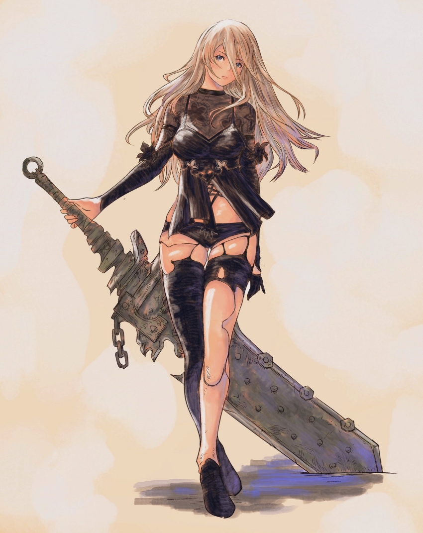 1girl android black_flower black_footwear blue_eyes blush chain closed_mouth eyelashes fingernails floral_print flower greatsword grey_hair gusty10rk hair_between_eyes highres holding holding_sword holding_weapon long_eyelashes long_hair mole mole_under_mouth nier_(series) nier_automata nier_reincarnation pink_lips planted planted_sword reverse_grip see-through shiny shiny_skin solo standing sword torn torn_clothes torn_legwear weapon yorha yorha_type_a_no._2