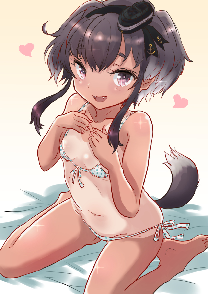 1girl anchor_symbol animal_ears bikini black_hair breasts brown_eyes commentary_request dog_ears dog_tail extra_ears fang front-tie_top fuji_(pixiv24804665) hair_ears hair_ribbon hat highres kantai_collection mini_hat one-piece_tan polka_dot polka_dot_bikini ribbon short_hair short_hair_with_long_locks side-tie_bikini_bottom sidelocks small_breasts smokestack_hair_ornament solo swimsuit tail tan tanlines tokitsukaze_(kancolle)