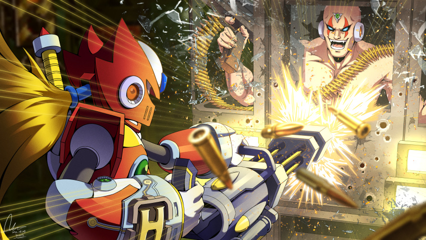 2boys absurdres ammunition_belt android blonde_hair casing_ejection commission dasoin energy_sword english_commentary finger_on_trigger firing gun helmet highres holding holding_gun holding_weapon long_hair machine_gun mega_man_(series) mega_man_x_(series) mega_man_x_dive metal_slug multiple_boys muzzle_flash open_mouth parody shell_casing sigma_(mega_man) smile sword weapon zero_(mega_man)