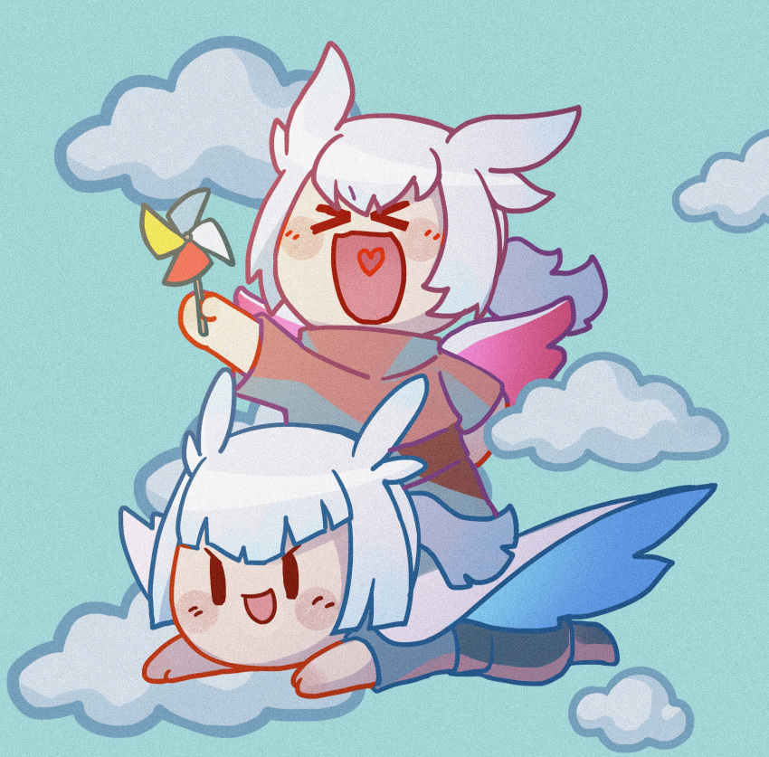 &gt;_&lt; 2boys absurdres bai_xiao flying grey_hair highres male_focus mimizuku_(sky:_children_of_the_light) multiple_boys open_mouth pinwheel pointy_hair ponytail siblings sky:_children_of_the_light twins white_hair xiyetianhe88847