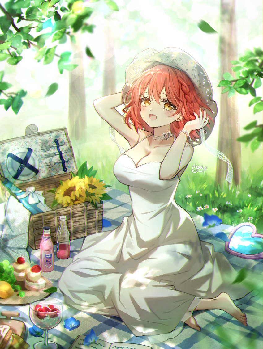 1girl :d absurdres bangs bare_arms bare_shoulders barefoot blue_flower blush bottle bracelet braid brown_eyes collarbone commission cup danby_merong day dress drinking_glass falling_leaves flower food fruit hair_between_eyes highres jewelry leaf looking_at_viewer orange_hair original outdoors picnic picnic_basket sitting sleeveless sleeveless_dress smile solo strawberry sunflower tree white_dress yellow_flower yokozuwari