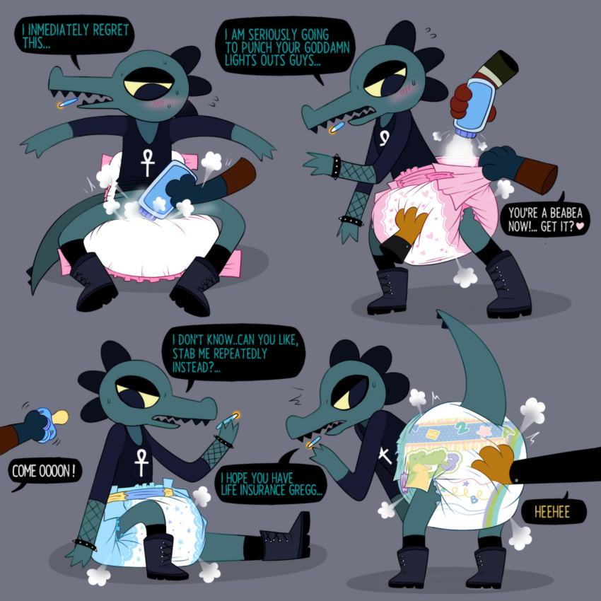 &lt;3 annoyed anthro baby_powder bea_santello big_diaper blush cigarette clothed clothing crocodile crocodilian crocodylid dialogue diaper diaper_change diaper_puff disembodied_hand embarrassed english_text female hi_res jupiters night_in_the_woods pacifier reptile scalie solo text touching_diaper unseen_character video_games
