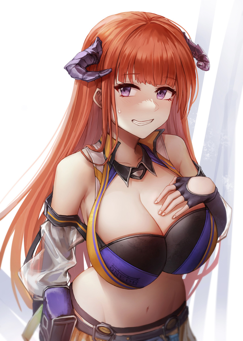 1girl arknights bagpipe_(arknights) bagpipe_(queen_no._1)_(arknights) bangs bare_shoulders black_gloves breasts cleavage crop_top fingerless_gloves gloves grin hand_on_own_chest highres horns large_breasts long_hair looking_at_viewer midriff navel official_alternate_costume onedr orange_hair pouch purple_eyes smile solo stomach upper_body very_long_hair white_background