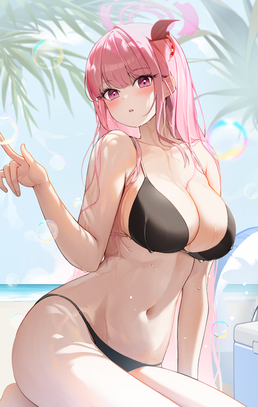 1girl absurdres bangs bbakasatang beach bikini black_bikini blue_archive blunt_bangs blush breasts bubble cleavage day eimi_(blue_archive) hair_ornament halo hand_up highres large_breasts long_hair looking_at_viewer navel outdoors parted_lips pink_eyes pink_hair revision sitting solo stomach string_bikini swimsuit wet