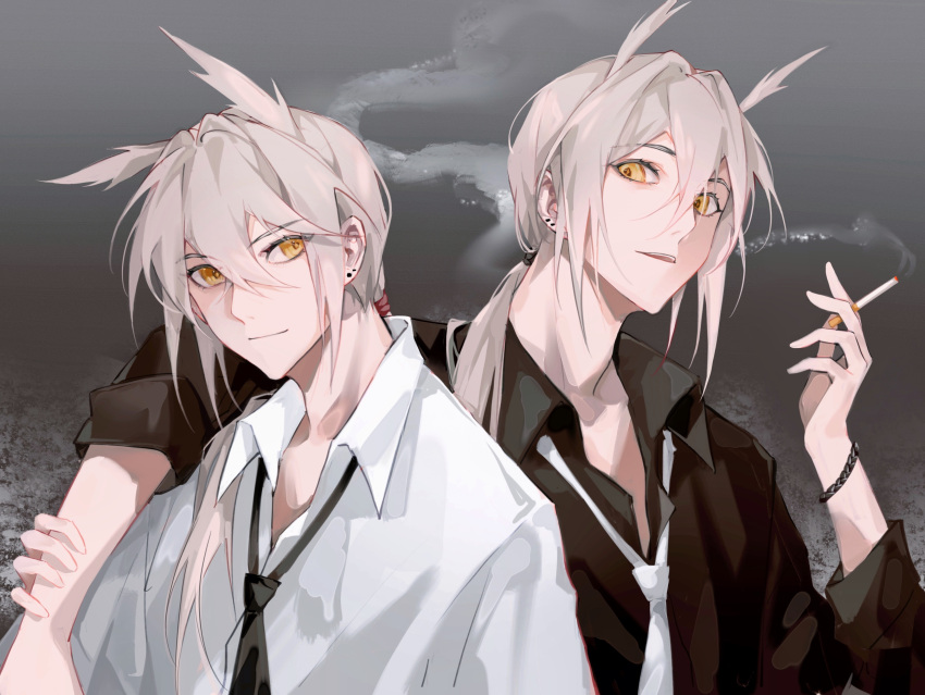 2boys absurdres bai_xiao bishounen black_necktie black_skirt bracelet collared_shirt ear_piercing earrings grey_hair highres jewelry male_focus mimizuku_(sky:_children_of_the_light) multiple_boys necktie piercing pointy_hair ponytail ruian476 shirt siblings skirt sky:_children_of_the_light smoke smoking stud_earrings twins uniform upper_body white_hair white_necktie white_shirt yellow_eyes