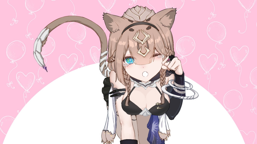 1girl :o animal_ears balloon bangs bikini bikini_top_only black_bikini black_gloves breasts brown_hair cat_ears cat_girl cat_tail cleavage fingerless_gloves gloves green_eyes headband heart_balloon honkai_(series) honkai_impact_3rd leaning_forward looking_at_viewer open_mouth pardofelis_(honkai_impact) qian_qian_qian solo swimsuit tail tears waking_up