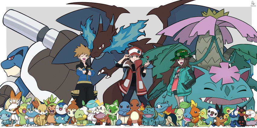 1girl 2boys absurdres adjusting_clothes adjusting_headwear badge bag beak blastoise blue_fire blue_oak brown_hair bucket_hat bulbasaur camouflage camouflage_headwear cannon charizard charmander chespin chikorita chimchar claws cyndaquil fangs fennekin fire flame-tipped_tail froakie fuecoco grookey hands_in_pockets hat highres horns ida_(idalol490) jacket leaf_(pokemon) litten looking_at_viewer mega_blastoise mega_charizard_x mega_pokemon mega_venusaur mudkip multiple_boys official_alternate_costume oshawott piplup pokemon pokemon_(creature) pokemon_(game) pokemon_masters_ex popplio quaxly red_(pokemon) rowlet satchel scorbunny shell sleeveless sleeveless_jacket smile snivy sobble spiked_hair sprigatito squirtle starter_pokemon_trio tepig torchic totodile treecko turtwig venusaur