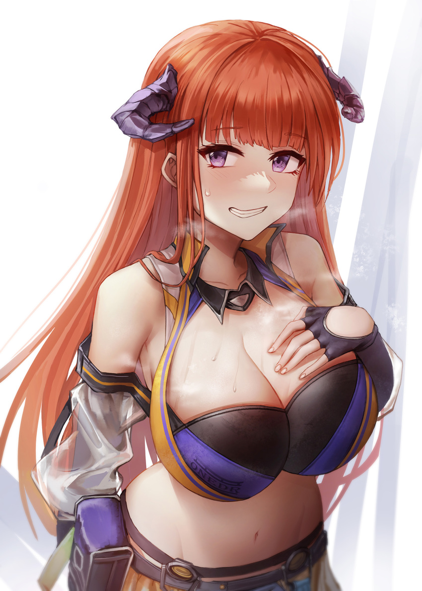 1girl arknights bagpipe_(arknights) bagpipe_(queen_no._1)_(arknights) bangs bare_shoulders black_gloves breasts breath cleavage crop_top fingerless_gloves gloves grin hand_on_own_chest highres horns large_breasts long_hair looking_at_viewer midriff navel official_alternate_costume onedr orange_hair pouch purple_eyes smile solo stomach upper_body very_long_hair white_background