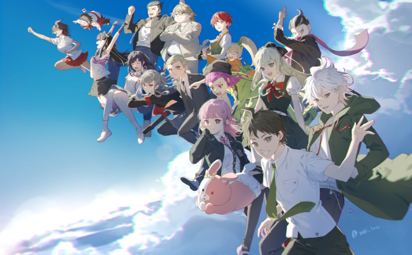 6+boys 6+girls :d ahoge apron arm_up arms_up bandaged_leg bandages bangs black_bow black_hair black_jacket black_shirt black_skirt blonde_hair blue_hair bow bowtie braid brown_eyes brown_hair brown_jacket brown_pants camera cat_hair_ornament chef_hat closed_eyes cloud collared_shirt cowboy_shot crossed_arms danganronpa_(series) danganronpa_2:_goodbye_despair diaper dress dress_shirt ear_bow everyone fat fat_man galaga green_bow green_dress green_necktie grey_hair grin hair_bow hair_horns hair_ornament hanamura_teruteru hat hinata_hajime holding holding_camera hug jacket japanese_clothes kimono koizumi_mahiru komaeda_nagito kuzuryuu_fuyuhiko long_hair medium_hair meipoi miniskirt mioda_ibuki monomi_(danganronpa) multicolored_hair multiple_boys multiple_girls nanami_chiaki neck_ribbon necktie nidai_nekomaru open_clothes open_jacket open_mouth orange_kimono outdoors owari_akane pants pekoyama_peko pink_hair pink_ribbon red_apron red_bow red_bowtie red_hair red_skirt ribbon saionji_hiyoko shiny shiny_hair shirt shoes short_hair side_braid skirt smile sonia_nevermind souda_kazuichi tanaka_gandamu teeth togami_byakuya_(danganronpa_2) torn_thighhighs tsumiki_mikan twintails two-tone_shirt white_hair white_jacket white_shirt