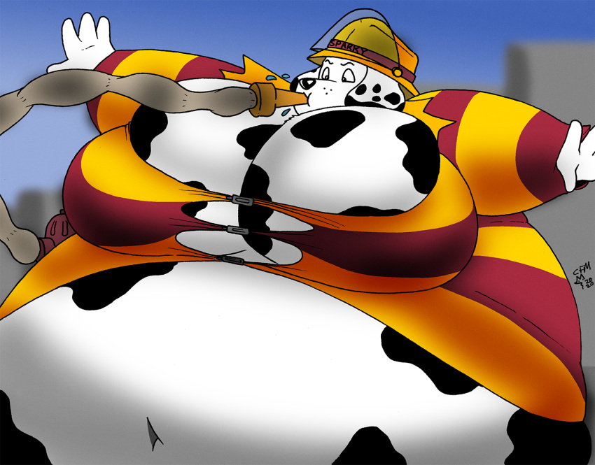 2020 4_fingers anthro belly belly_expansion belly_inflation big_belly black_spots body_inflation breasts canid canine canis cleverfoxman dalmatian domestic_dog expansion fingers fire_hose firefighter fur hose_in_mouth hose_inflation hyper hyper_belly inflation liquid_inflation male mammal moobs navel solo sparky_the_fire_dog spots straining_buttons straining_clothing water_inflation white_belly white_body white_fur