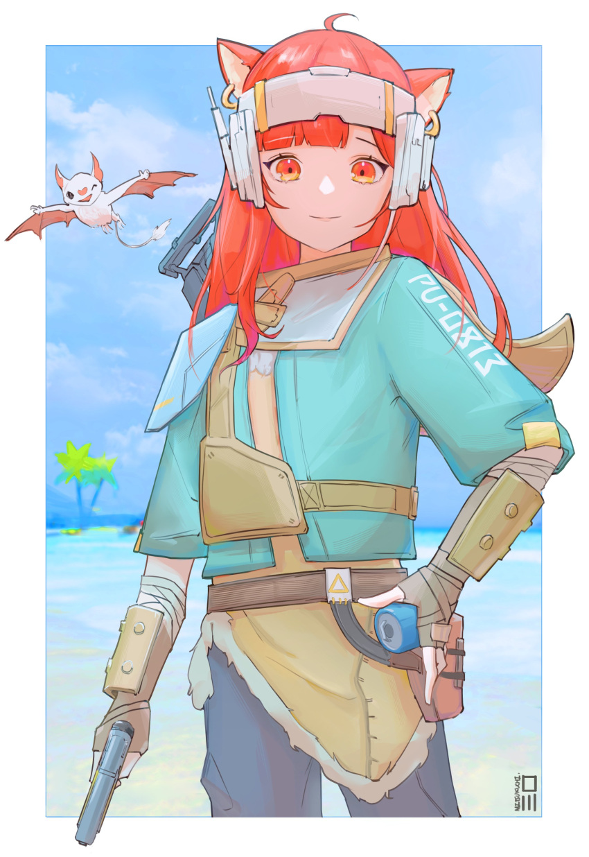 1girl absurdres ahoge apex_legends bat_(animal) blue_eyes blue_jacket blue_pants brown_eyes brown_gloves cosplay echo_(apex_legends) fingerless_gloves gloves gun hand_on_hip headband highres holding holding_gun holding_weapon jacket miguchi_(mitsukuchi_) nijisanji ocean one_eye_closed p2020_(pistol) palm_tree pants ratna_petit red_hair red_panda_ears red_panda_girl smile solo storm_point_(apex_legends) tree vantage_(apex_legends) vantage_(apex_legends)_(cosplay) virtual_youtuber weapon white_headband