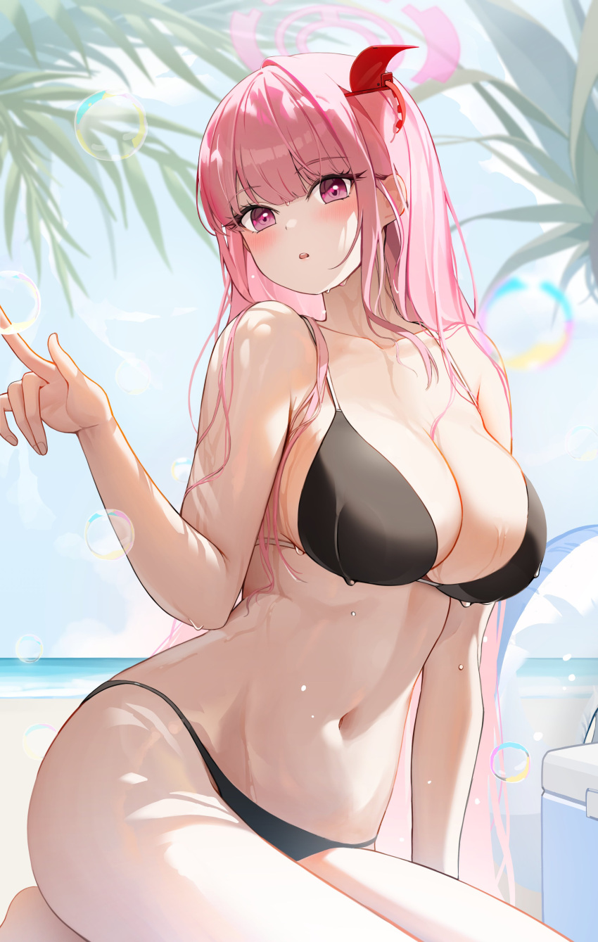 1girl absurdres bangs bbakasatang beach bikini black_bikini blue_archive blunt_bangs blush breasts bubble cleavage day eimi_(blue_archive) hair_ornament halo hand_up highres large_breasts long_hair looking_at_viewer navel outdoors parted_lips pink_eyes pink_hair revision sitting solo stomach string_bikini swimsuit wet