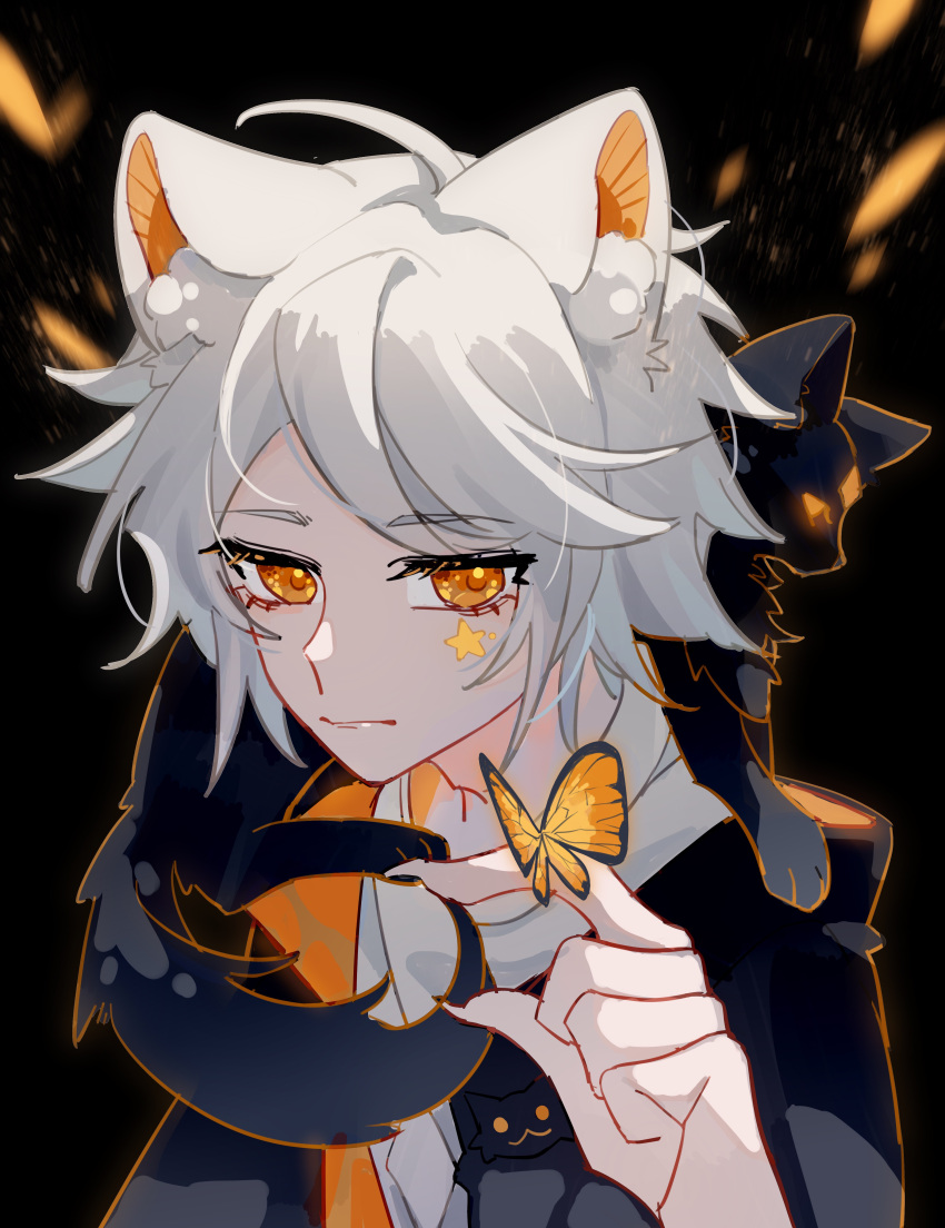 1boy absurdres animal_ears bishounen bug butterfly cat cat_boy cat_ears facial_mark highres looking_at_viewer male_focus mao_mao_(sky:_children_of_the_light) portrait sky:_children_of_the_light solo white_background white_hair yellow_butterfly yellow_eyes yipingqishui389