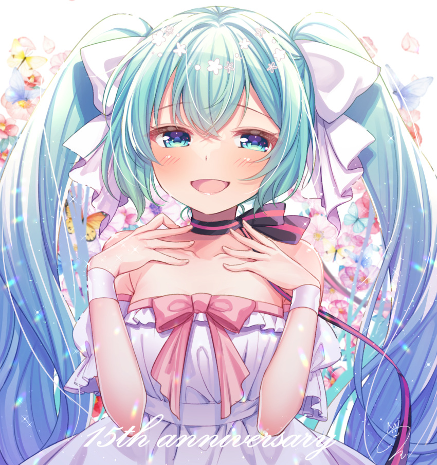 1girl anniversary aqua_eyes aqua_hair bare_shoulders black_choker blush breasts bug butterfly butterfly_background choker cleavage collarbone commentary dress hair_ribbon hatsune_miku highres kisukekun long_hair looking_at_viewer medium_breasts mixed-language_commentary open_mouth ribbon smile solo twintails vocaloid white_dress white_ribbon