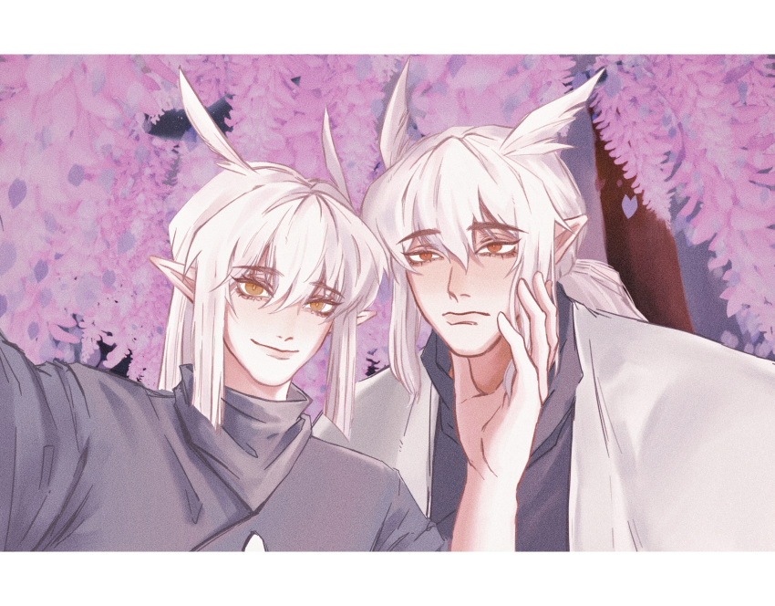 2boys absurdres bai_xiao bishounen flower grey_hair highres kylinblind370 looking_at_viewer male_focus mimizuku_(sky:_children_of_the_light) multiple_boys pointy_ears pointy_hair ponytail siblings sky:_children_of_the_light twins upper_body white_hair wisteria