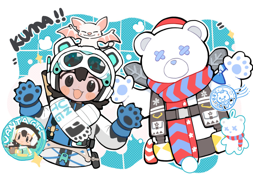 1boy 1girl :3 a-13_sentry animal_costume animal_ears animal_hands animification apex_legends bear_costume bear_ears black_eyes blush brudda_bear_gibraltar echo_(apex_legends) fake_animal_ears fang gibraltar_(apex_legends) gloves goggles goggles_on_headwear headphones helmet highres ice_cold_vantage jacket leaning_to_the_side looking_at_viewer official_alternate_costume open_hands open_mouth paw_gloves scarf smile stamp_mark upper_body vantage_(apex_legends) white_jacket white_scarf yuuu_(maruunaka)