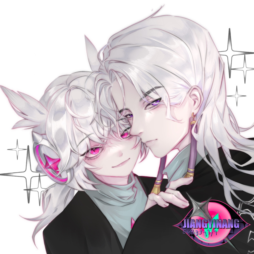 2boys bai_xiao bangs bishounen duduadudu830 earrings evil_smile gloating_narcissist grey_hair headphones highres jewelry looking_at_viewer male_focus multiple_boys parted_bangs pink_eyes pointy_hair ponytail purple_eyes short_hair sky:_children_of_the_light smile upper_body white_hair