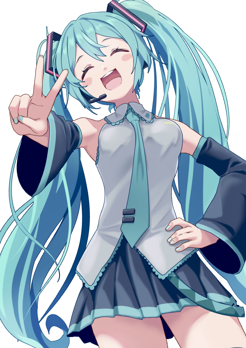 1girl ^_^ absurdres aqua_hair aqua_nails aqua_necktie black_skirt black_sleeves blush_stickers closed_eyes commentary_request detached_sleeves fingernails grey_shirt hand_on_hip hatsune_miku headset highres long_hair looking_at_viewer miu_(angelo_whitechoc) nail_polish necktie open_mouth pleated_skirt shirt simple_background skirt sleeveless sleeveless_shirt smile solo teeth twintails upper_teeth v very_long_hair vocaloid white_background