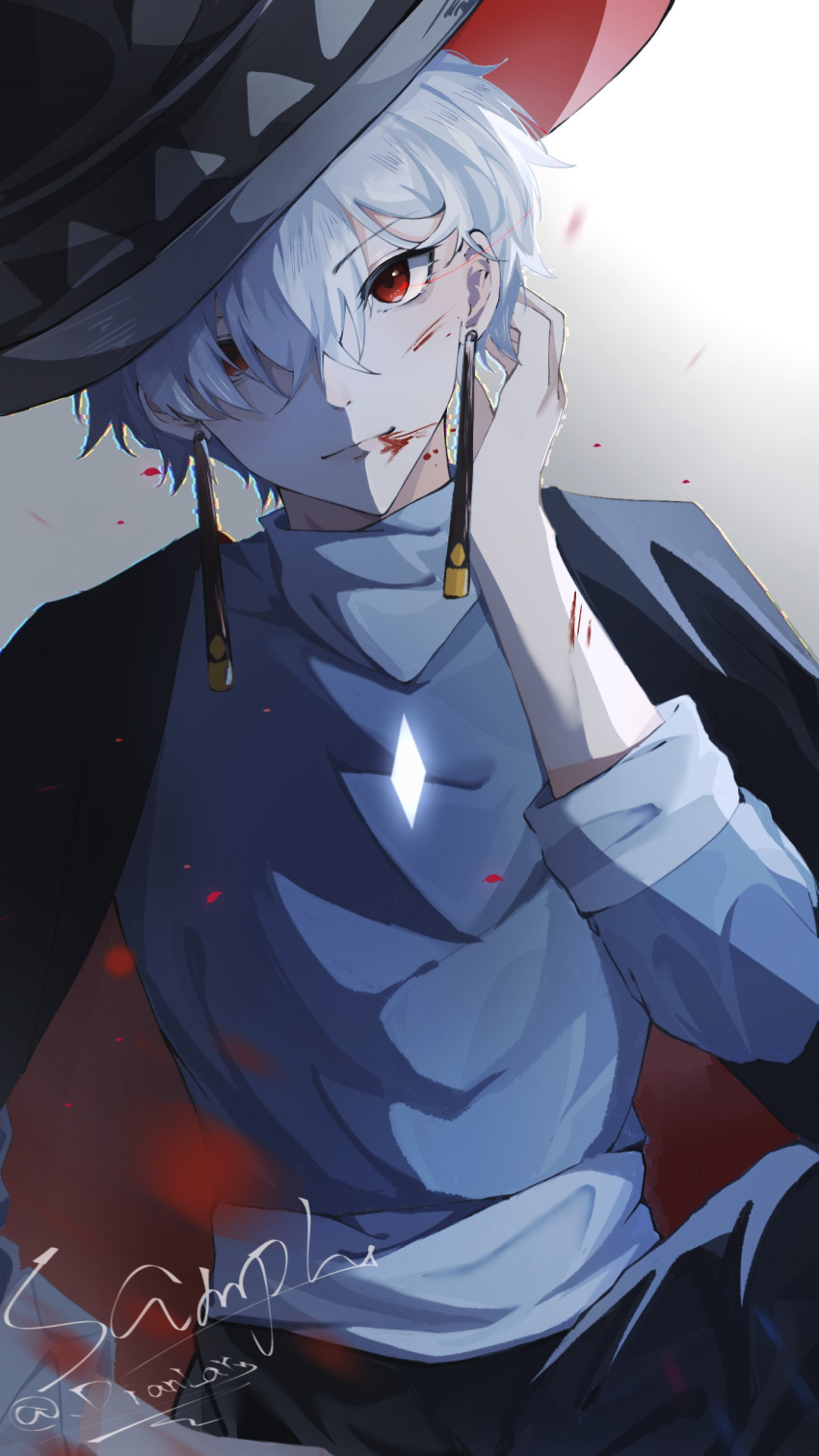 1boy absurdres bishounen earrings grey_hair hat highres jewelry male_focus mischief_witch red_eyes short_hair sky:_children_of_the_light solo tassel tassel_earrings white_hair witch_hat xiao185946