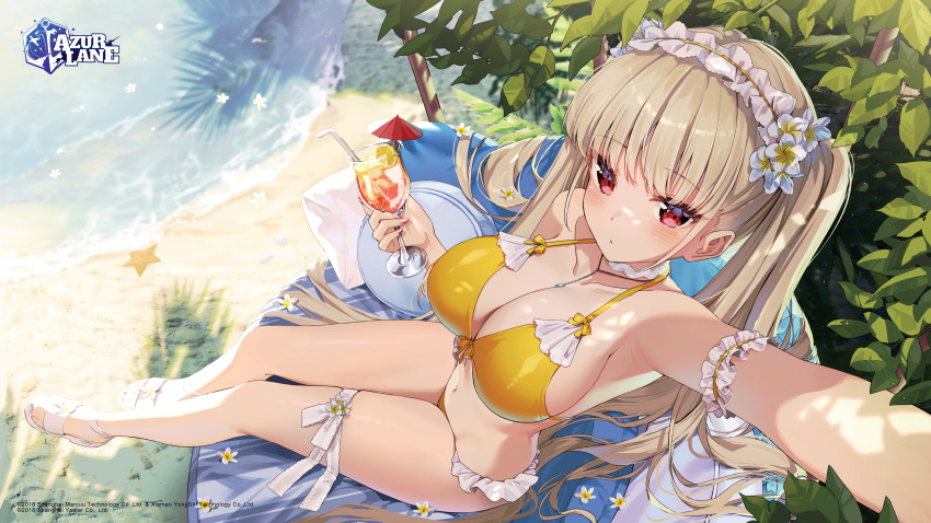 1girl absurdres arm_garter azur_lane bangs beach bikini blonde_hair breasts cleavage cocktail_glass collarbone commentary copyright_name cup day drinking_glass drinking_straw english_commentary flower formidable_(azur_lane) frilled_bikini frilled_hairband frills from_above hair_flower hair_ornament hairband highres holding holding_cup jewelry large_breasts long_hair looking_at_viewer looking_up navel necklace official_art outdoors outstretched_arm red_eyes rosuuri sand sandals sitting solo swimsuit thigh_strap twintails very_long_hair water white_flower white_footwear yellow_bikini