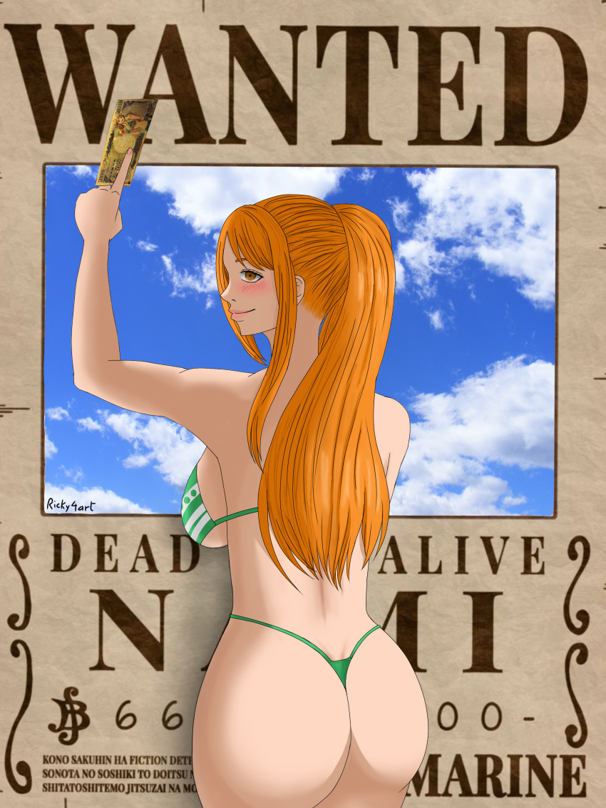 absurdres ass backboob beach breasts highres huge_ass huge_breasts long_hair money nami_(one_piece) non-web_source one_piece orange_hair ricky4art self_upload swimsuit thighs wanted